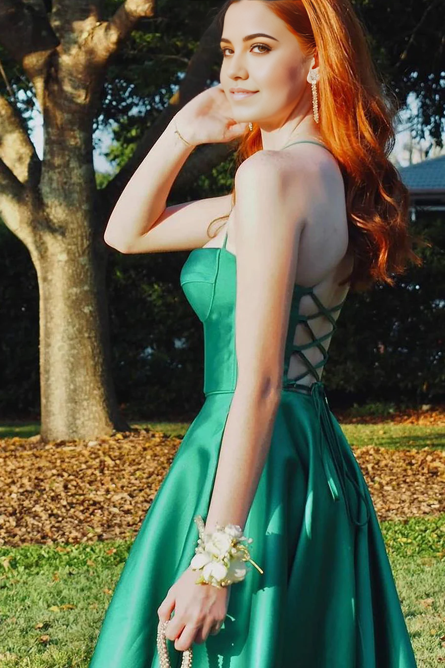 A Line Sweetheart Green Satin Long formal dress evening gown Prom Dresses with Slit